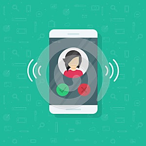 Smartphone or mobile phone ringing vector illustration, flat cartoon cellphone call or vibrate with contact info on photo