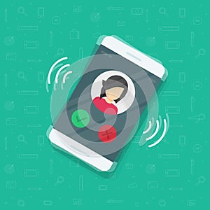 Smartphone or mobile phone ringing vector illustration, flat cartoon design cellphone call or vibrate with contact info photo