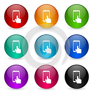 Smartphone, mobile phone vector icons, set of colorful glossy 3d rendering ball buttons in 9 color options