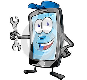 A smartphone mobile repair service or mechanic app cartoon character mascot holding spanner and giving . clip art vector