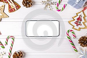 Smartphone mock up with rustic Christmas decorations