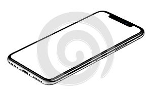Smartphone mockup similar to iPhone X CW rotated lies on surface isolated on white background photo