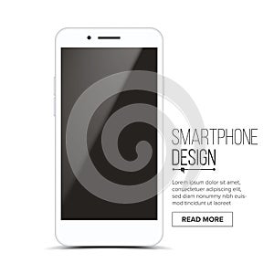 Smartphone Mockup Design Vector. White Modern Trendy Mobile Phone Front View. Isolated On White Background. Realistic 3D