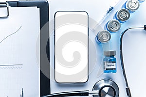 Smartphone mockup. Doctor stethoscope, hospital healthcare charts, syringe with needle and black smartphone with blank screen on