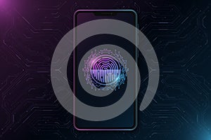 Smartphone mockup with futuristic fingerprint on touch screen. Biometric data security. Data protection. Scanning user interface