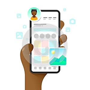 Smartphone mockup in human hand. App dashboard. Profile main screen. Vector colorful social media illustration. Instagram, Whatsap