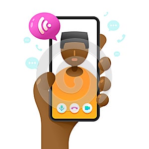Smartphone mockup in human hand. Online voice call. Vector colorful social media illustration. Instagram, Whatsapp, Skype