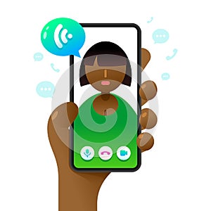 Smartphone mockup in human hand. Online voice call. Vector colorful social media illustration. Instagram, Whatsapp, Skype