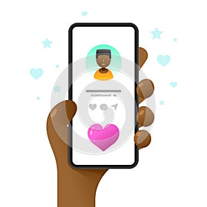 Smartphone mockup in human hand. Profile screen. Perfect love match. Vector colorful social media illustration. Instagram, Whatsap