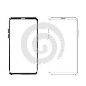 Smartphone mockup and outline . New black frameless smartphone mockup with white screen. Isolated on white background.