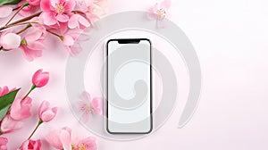Smartphone mockup screen on pink pastel flowers background. Mockup mobile phone blank empty display flower shop app