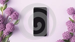 Smartphone mockup screen on purple pastel flowers background. Mockup mobile phone blank empty display flower shop app