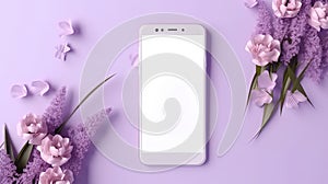 Smartphone mockup screen on purple pastel flowers background. Mockup mobile phone blank empty display flower shop app