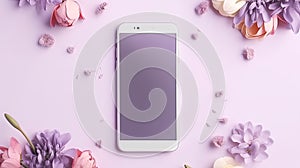 Smartphone mockup screen on purple pastel flowers background. Mockup mobile phone blank empty display flower shop app