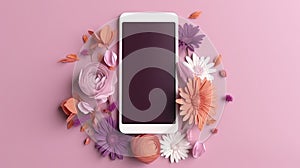 Smartphone mockup screen on purple pastel flowers background. Mockup mobile phone blank empty display flower shop app