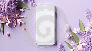 Smartphone mockup screen on purple pastel flowers background. Mockup mobile phone blank empty display flower shop app florist