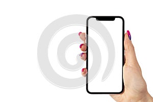 Smartphone mockup in woman hand. New modern black frameless smartphone mockup with blank white screen. Isolated on white backgroun