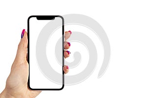 Smartphone mockup in woman hand. New modern black frameless smartphone mockup with blank white screen. Isolated on white backgroun