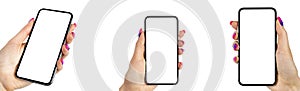 Smartphone mockup in woman hand. New modern black frameless smartphone mockup with blank white screen. Isolated on white backgroun