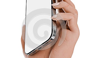 Smartphone with a modern bezel-less design in the hand of a woman, template for mobile application presentation or other