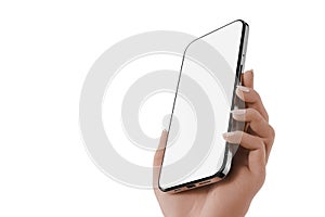 Smartphone with a modern bezel-less design in the hand of a woman, template for mobile application presentation or other