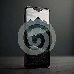 Smartphone with mountain view on screen. 3D illustration. Mock up