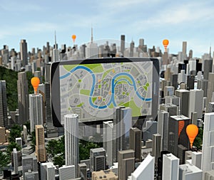 Smartphone with navigator over city photo