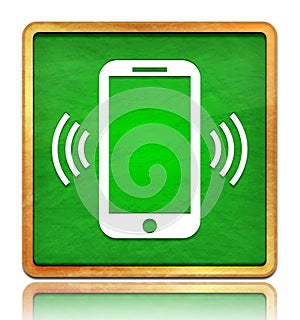 Smartphone network signal icon chalk board green square button slate texture wooden frame concept isolated on white background