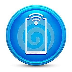 Smartphone network signal icon glass shiny blue round button isolated design vector illustration