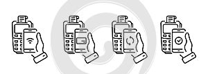 Smartphone NFC Technology Bank POS Processing Line Icon. Process of Payment on Terminal Pictogram Set. Check Cashless