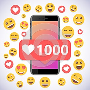 Smartphone with notification 1000 likes and smile for social media