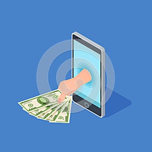 Smartphone online banking vector concept. Hand hold money - isometric banking design