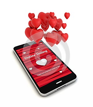 Smartphone online dating render with hearts in the air