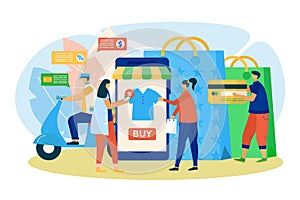 Smartphone online shop in internet, vector illustration. Woman man customer use mobile store, flat purchase with big