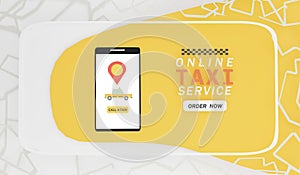 Smartphone with online taxi ordering service app concept.3d rendering