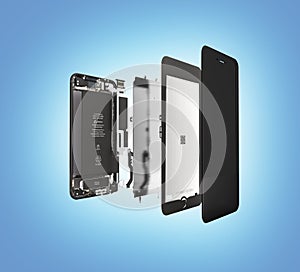 Smartphone in the open state Illustration of smartphone components isolated on blue gradient background 3d render
