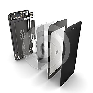 Smartphone in the open state Illustration of smartphone components isolated on white background 3d render