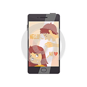 Smartphone with opened love chat and cute boy and girl avatars. Online dating service flat vector illustration isolated