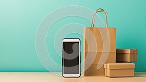 smartphone paper bags and giftbox on isolated background with copyspace, Online shopping concept