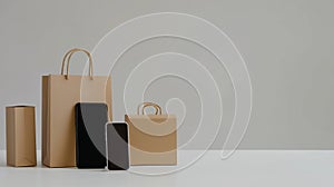 smartphone paper bags and giftbox on isolated background with copyspace, Online shopping concept photo