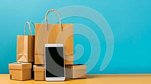 smartphone paper bags and giftbox on isolated background with copyspace, Online shopping concept