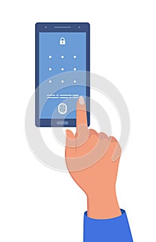Smartphone with passcode lock screen interface, use biometric or enter pattern page. Humans hand with an outstretched finger