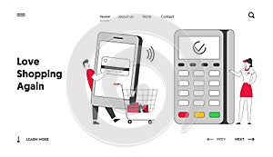 Smartphone Payment with Credit Card Reader Machine Website Landing Page. Man in Supermarket Prepare Mobile Phone