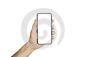 Smartphone phone empty screen in a hand. Black smartphone isolated on white background. Blank phone screen for image and design