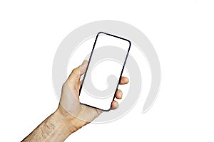 Smartphone phone empty screen in a hand. Black smartphone isolated on white background. Blank phone screen for image and design