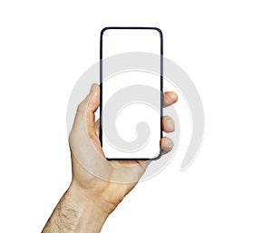 Smartphone phone empty screen in a hand. Black smartphone isolated on white background. Blank phone screen for image and design