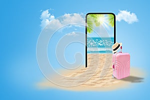 Smartphone, pink luggage and weave hat with beautiful seascape view of sea and blue sky in the background.