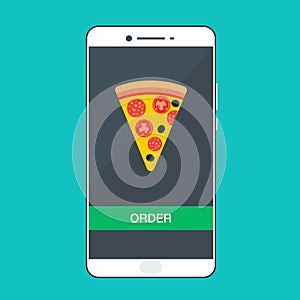 Smartphone with pizza on the screen. Order fast food concept. Flat vector illustration.