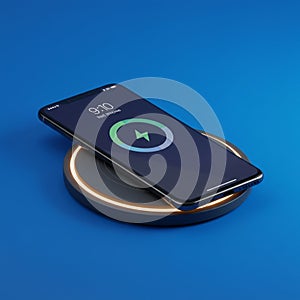 A smartphone is placed on a wireless charging pad set against a blue background. The
