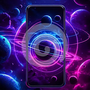 Smartphone with planets and lines on abstract background